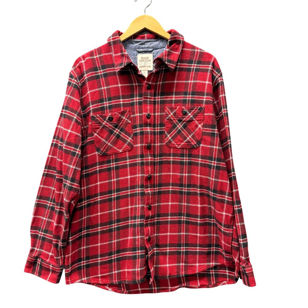 Blake Shelton Flannel Shirt Mens XL Red Black Plaid Button Up Cotton Lands‎ End